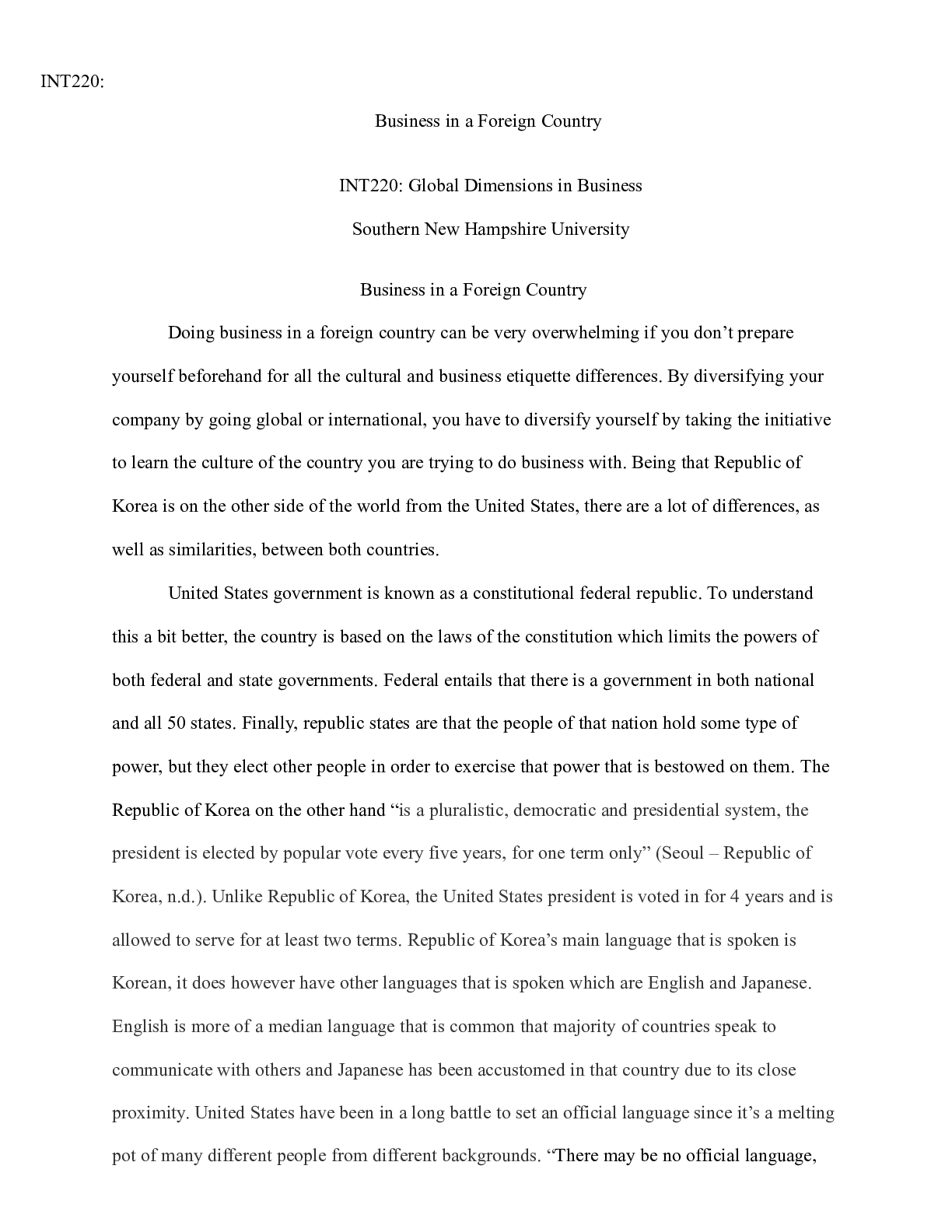 Preview image for INT220 Business in a Foreign Country|  INT220:  Business in a Foreign Country  INT220: